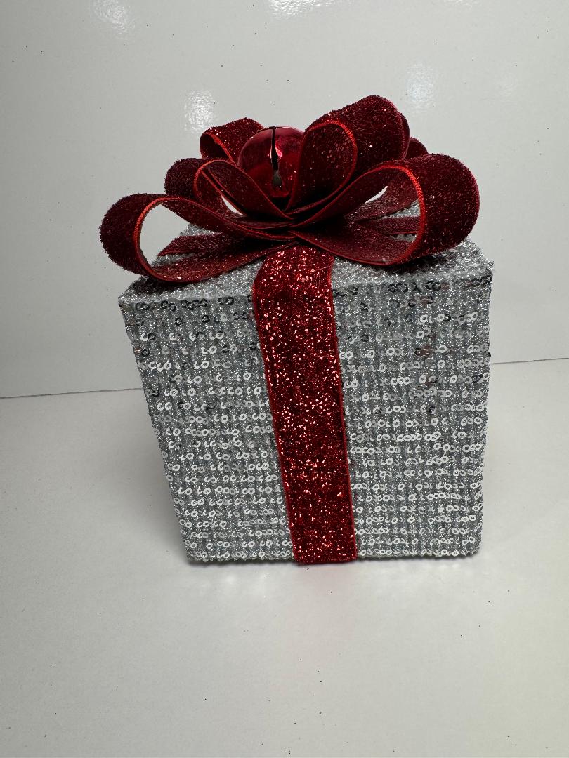 Silver Holiday Gift Box with Red Glitter Bow and Bell - Image 3